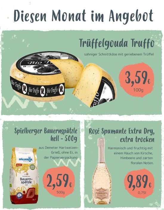 KI generiert: Das Bild zeigt monatliche Angebote mit einem Trüffelgouda, Spielberger Bauernspätzle und einem Rosé Spumante Extra Dry. Die Preise für die Produkte sind ebenfalls angegeben.