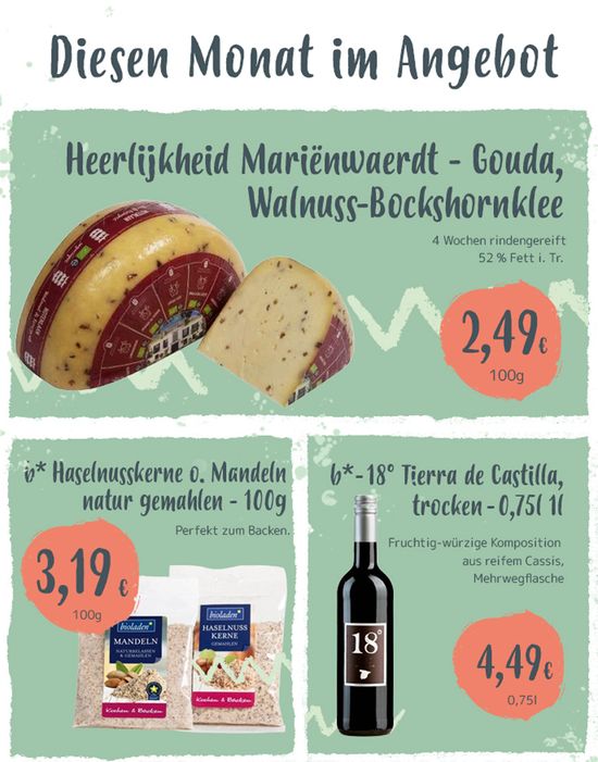 KI generiert: Das Bild zeigt Sonderangebote des Monats, darunter einen Allgäuer Käse, Gemüsebrühe und ein Edel-Pilsbier mit den entsprechenden Preisen. Die Produkte sind mit kurzen Beschreibungen versehen.