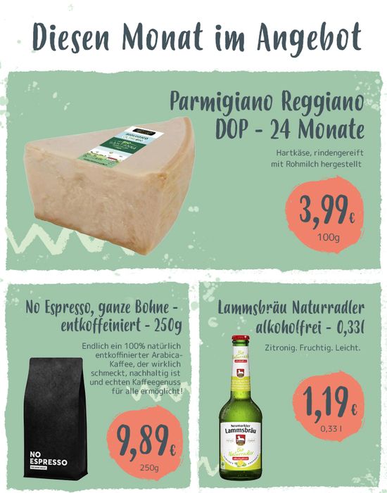 KI generiert: Das Bild zeigt Sonderangebote des Monats, darunter einen Allgäuer Käse, Gemüsebrühe und ein Edel-Pilsbier mit den entsprechenden Preisen. Die Produkte sind mit kurzen Beschreibungen versehen.