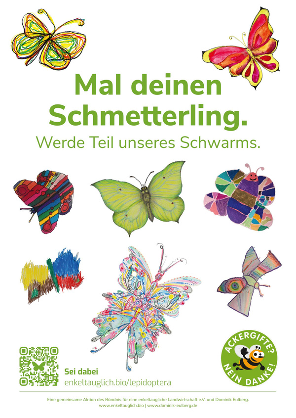 KI generiert: Bunte, gezeichnete Schmetterlinge mit Text: "Mal deinen Schmetterling. Werde Teil unseres Schwarms."