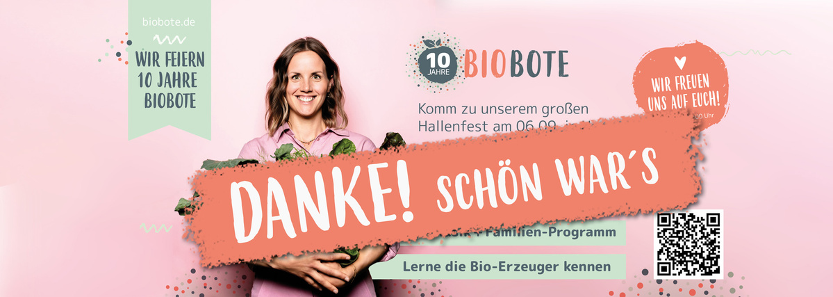 KI generiert: Eine Frau hält Gemüse; Text: "Wir feiern 10 Jahre BIOBOTE, Hallenfest 06.09. in Haren."