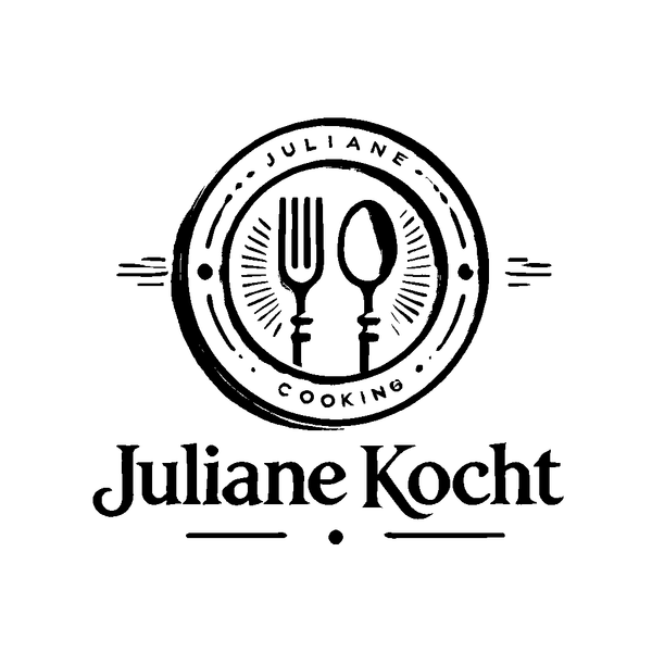 KI generiert: Ein Logo mit Besteck und dem Text: "Juliane Cooking" und "Juliane Kocht".