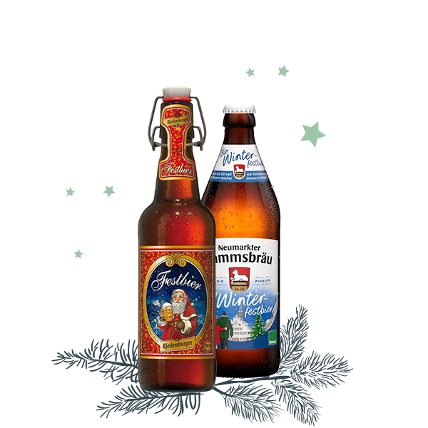 KI generiert: Zwei Bierflaschen mit weihnachtlichem Design, Tannen- und Sternendekor. Text: "Festbier", "Winterfestbier".
