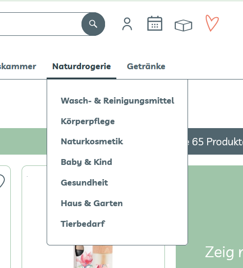 KI generiert: Dropdown-Menü der Kategorie "Naturdrogerie" mit verschiedenen Unterkategorien.
