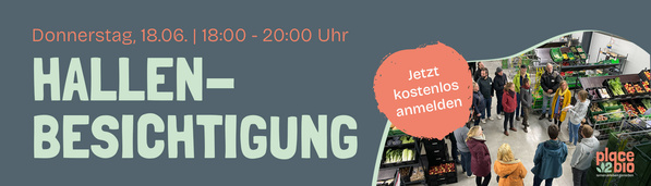 KI generiert: Einladung zur Hallenbesichtigung mit Menschen in einer Markthalle. Text: "Hallenbesichtigung", "Jetzt kostenlos anmelden".