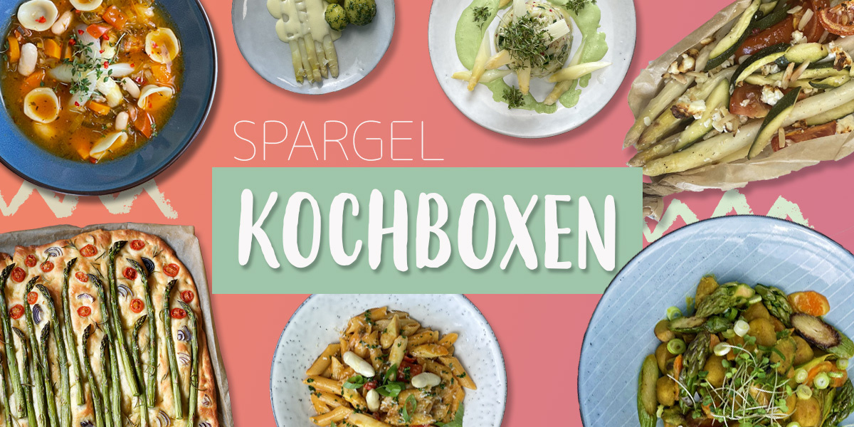 KI generiert: Verschiedene Spargelgerichte auf Tellern und Brettern. Text: "Spargel Kochboxen".
