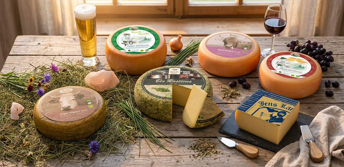 Verschiedene Biokäse mit Kräutern und Samen