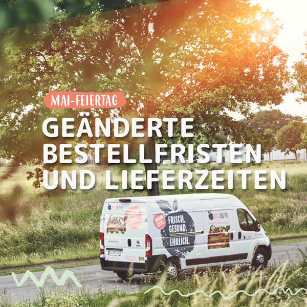 KI generiert: Lieferwagen auf Landstraße, Text: "MAI-FEIERTAG GEÄNDERTE BESTELLFRISTEN UND LIEFERZEITEN".