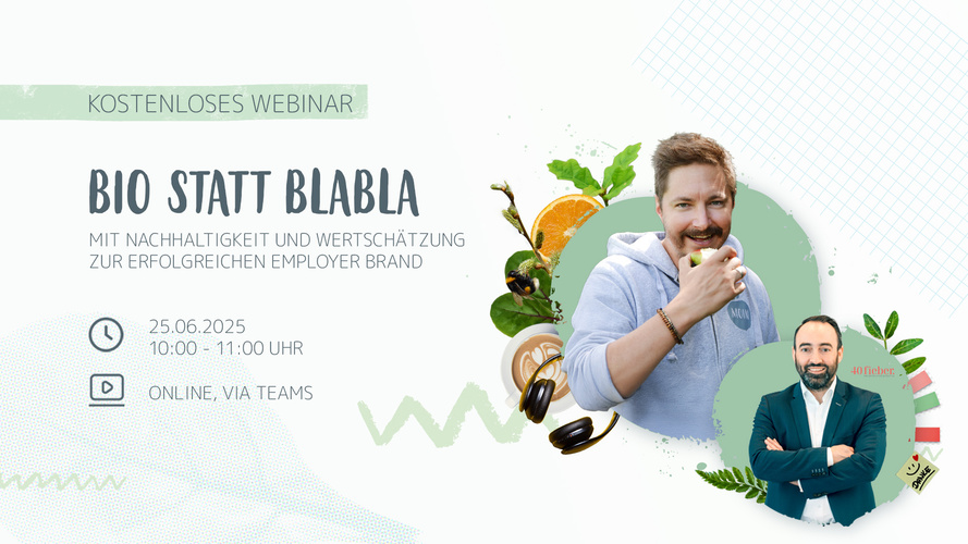 KI generiert: Werbung für ein Webinar "Bio statt Blabla" über Nachhaltigkeit und Employer Branding, online am 25.06.2025.