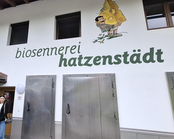 auptinhalt des Bildes ist ein Schild mit dem Namen "biosennerei hatzenstaedt" und einem Käse Illustrationo.