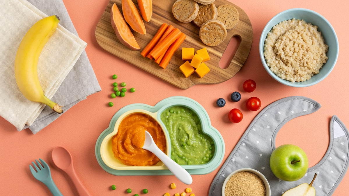 KI generiert: Buntes Arrangement von Babynahrung und gesunden Zutaten auf einem Tisch, mit Lätzchen und Besteck.