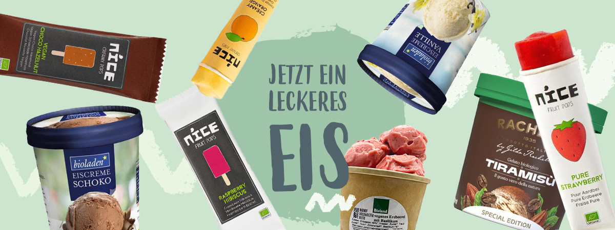 KI generiert: Verschiedene Eissorten werden präsentiert. Text: "JETZT EIN LECKERES EIS".