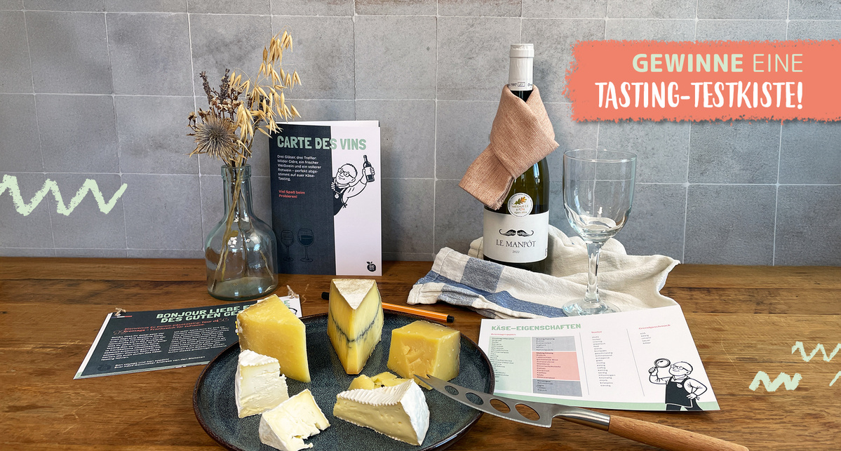 KI generiert: Ein Arrangement aus Käse, Wein und Gläsern mit Text: "GEWINNE EINE TASTING-TESTKISTE!"