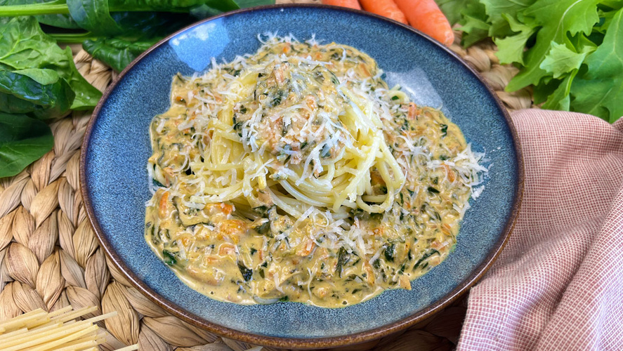 Rezeptbild für 347. Schnelles Pastagericht mit Stielmus, Spinat und Mandelmus