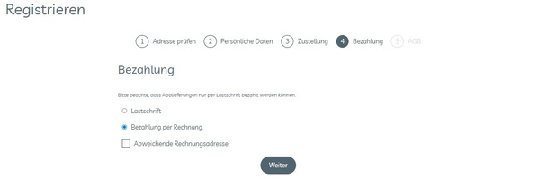 KI generiert: Registrierungsbildschirm mit Zahlungsoptionen: Lastschrift, Bezahlung per Rechnung.