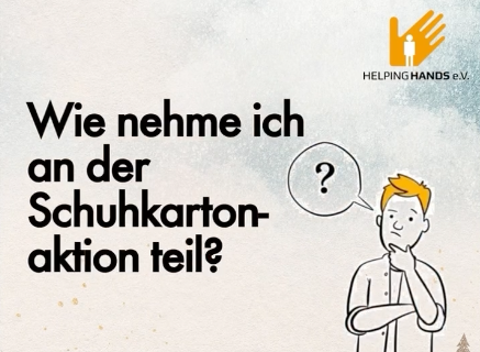 KI generiert: Ein nachdenklicher Mann fragt: "Wie nehme ich an der Schuhkartonaktion teil?" Logo von HELPING HANDS e.V.