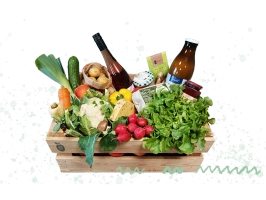 KI generiert: Gemüse- und Lebensmittelkiste mit frischen Produkten wie Salat, Radieschen, Wein und Bio-Eiern.