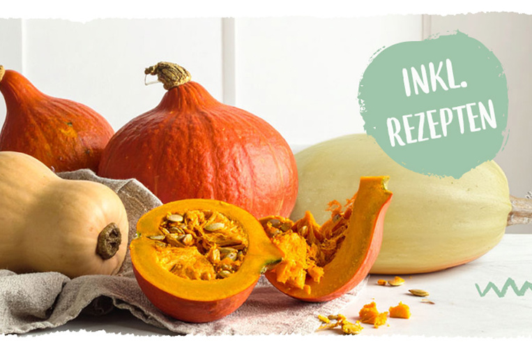Hokkaido, Butternut und Spaghettikürbisse auf einem Tuch. Button mit dem Text: "inkl. Rezepte"