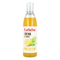 KI-generierte Beschreibung: Das Bild zeigt eine Flasche "LaSelva Crema Alimone" Bio-Zitronen-Konzentrat.