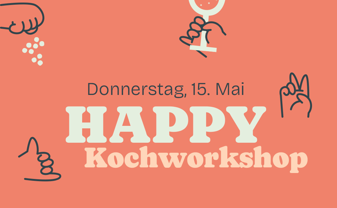KI generiert: Einladung zum "Happy Kochworkshop" am Donnerstag, 15. Mai mit grafischen Händen und Symbolen.