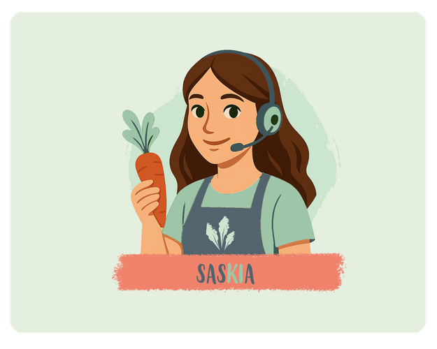 KI generiert: Eine Frau mit Headset hält eine Karotte. Text: "Saskia".