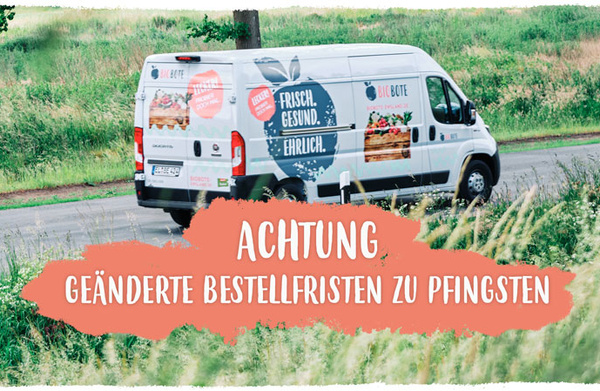 KI generiert: Ein Lieferwagen fährt auf einer Landstraße. Text: "ACHTUNG GEÄNDERTE BESTELLFRISTEN ZU PFINGSTEN".