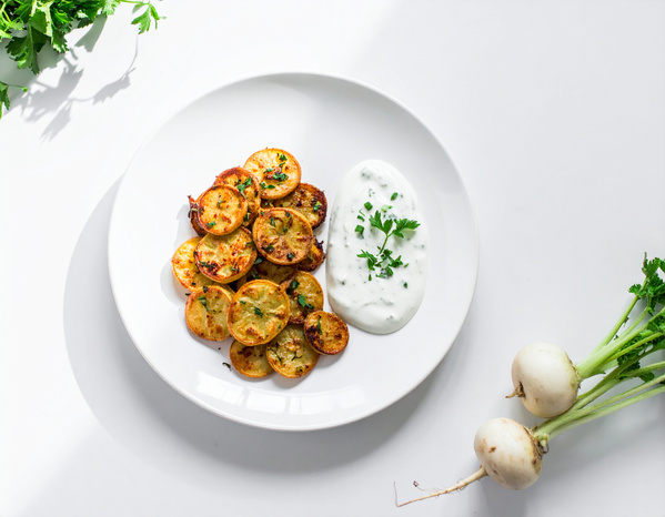 KI generiert: Geröstete Kartoffelscheiben mit Dip auf einem Teller, daneben frische weiße Radieschen.