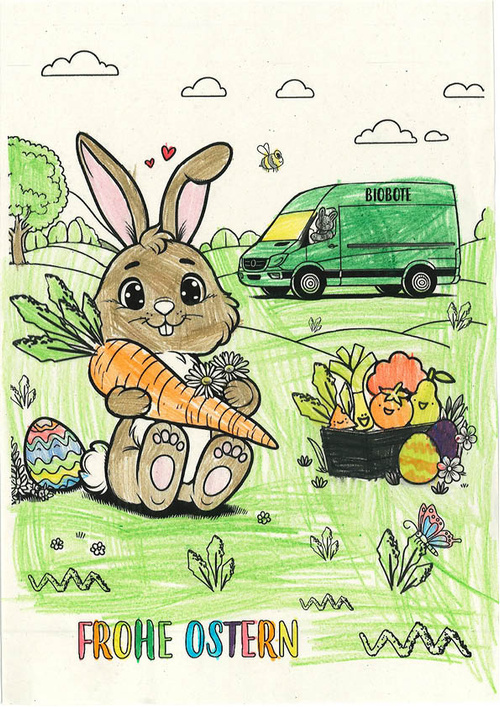 KI generiert: Ein fröhlicher Osterhase hält eine Karotte; im Hintergrund ein Biobote-Lieferwagen. Text: "FROHE OSTERN".