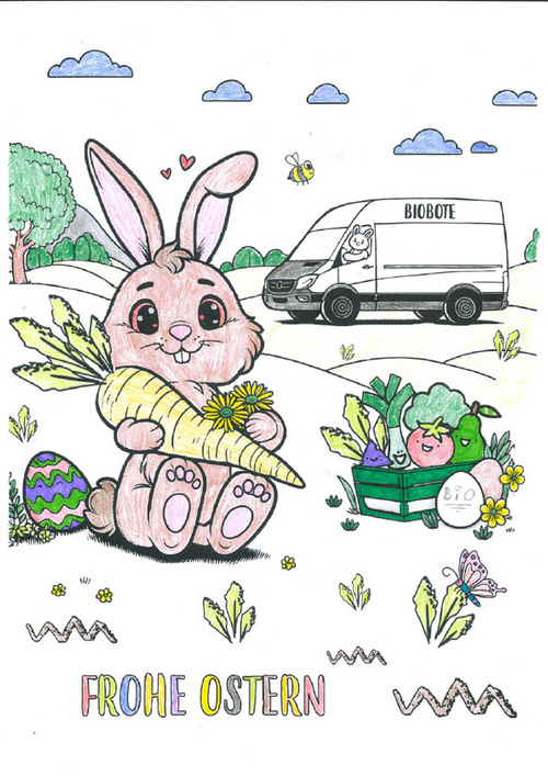 KI generiert: Niedlicher Hase mit Möhre, Ostereiern und ein Biobote-Van im Hintergrund. Text: "FROHE OSTERN".