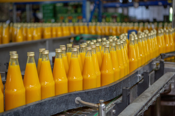 Fließband mit vielen abgefüllten Orangensaftflaschen in einer Produktionsstätte.