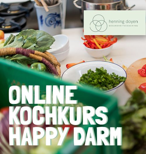 KI generiert: Frisches Gemüse in der Küche. Text: "ONLINE KOCHKURS HAPPY DARM".