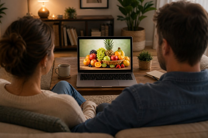 KI generiert: Ein Paar schaut auf einen Laptop mit einem Bild von frischem Obst.