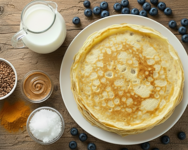 KI generiert: Pfannkuchen auf einem Teller mit Zutaten wie Milch, Blaubeeren, Salz, Mandeln und Erdnussbutter auf Holztisch.