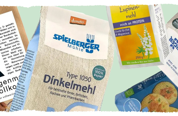 KI generiert: Das Bild zeigt eine Auswahl verschiedener Mehlverpackungen, darunter Dinkelmehl und Lupinenmehl. Diese Produkte sind für gesundheitsbewusste Backwaren geeignet.