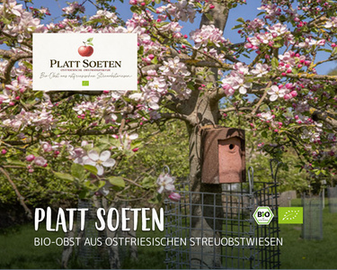 in blühender Baum mit Logo und Text "PLATT SOETEN - BIO-OBST AUS OSTFRIESISCHEN STREUOBSTWIESEN".