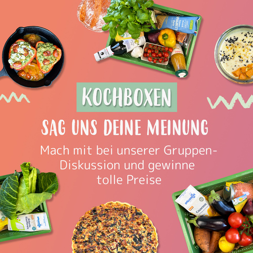 Kochzutaten und -gerichte mit Text: "Kochboxen. Sag uns deine Meinung. Mach mit bei unserer Gruppen-Diskussion und Gewinne tolle Preise."