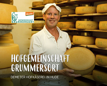 Eine braune Kuh im Stall neben einem Schild von "Hof Wrisse" mit Bioland-Logo. Text: "REGIONALER BIO-KÄSE AUS GROSSEFEHN".
