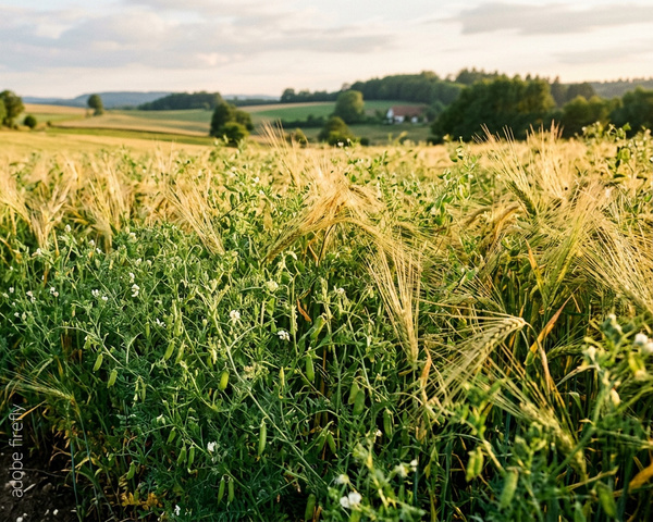 KI generiert: Ein grünes Feld mit Getreide und Erbsen, umgeben von einer hügeligen Landschaft. Text: „adobe firefly“.