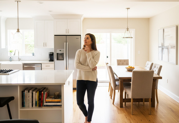 KI generiert: Eine Frau steht nachdenklich in einer modernen, hellen Küche.