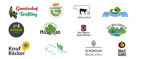 Logos regionale Bio-Lieferanten Gemüsehof, Weßling, Heuerhof Elbergen, Johannshof Fiebing, Emngelnhof, Ackerfreunde Spelle, Hüsemann, Bio-Imkerei Josef Dühnen, Gut Holsterfeld, Knuf Bäcker, Sozialer Ökohof St. Josef, Schokolaa, Tolle Tunke 