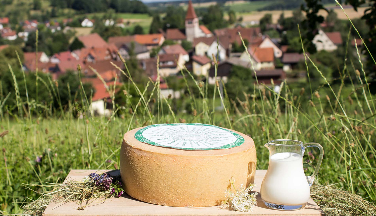 Geifertshofen Käse vor Dorf im Hintergrund