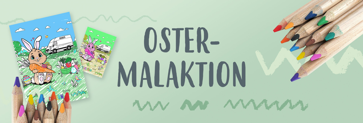 KI generiert: Buntstifte und Osterzeichnungen mit einem Hasen. Text: "Oster-Malaktion".