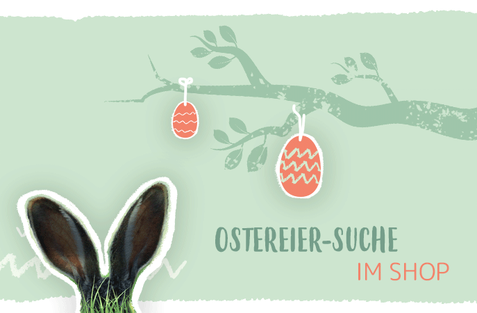 KI generiert: Hasenohren ragen aus Gras vor grünem Hintergrund mit Ostereiern. Text: "Ostereier-Suche im Shop".
