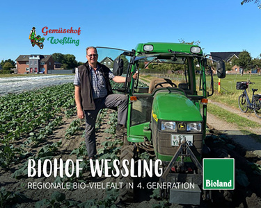 Ein Mann steht neben einem Traktor auf einem Feld. Text: "BIOHOF WESSLING - REGIONALE BIO-VIELFALT IN 4. GENERATION."