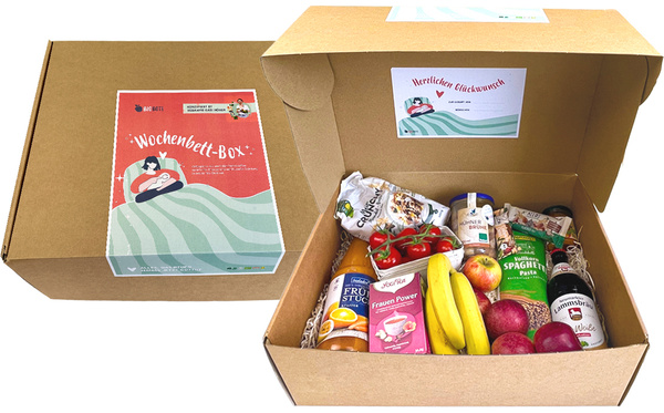 KI generiert: Eine Wochenbett-Box mit Lebensmitteln und Produkten. Text: "Wochenbett-BOX", "Herzlichen Glückwunsch".