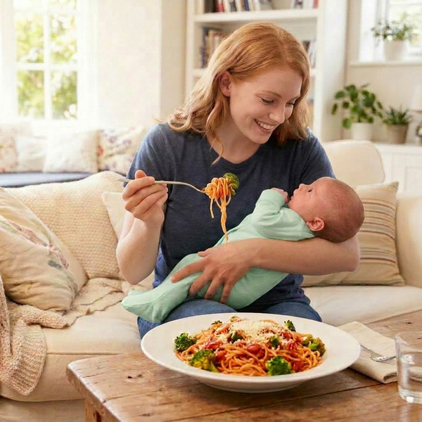 Eine Frau hält ein Baby und isst Spaghetti auf einem Sofa im Wohnzimmer.