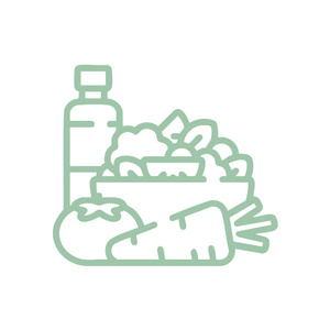 Ein minimalistisches Icon mit Gemüse, einer Schale und einer Flasche in grünen Umrissen.