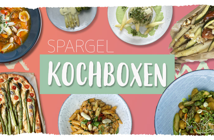 Verschiedene Spargelgerichte auf Tellern, Text: "SPARGEL KOCHBOXEN".