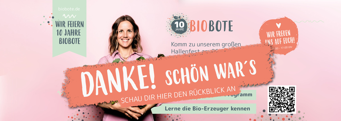 KI generiert: Frau hält Gemüse, Feier für 10 Jahre Biobote am 06.09. in Haren mit Bio-Snacks, Musik und Programm.