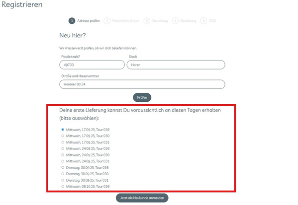 KI generiert: Benutzerregistrierung mit Lieferterminauswahl; Lieferoptionen sind aufgelistet.